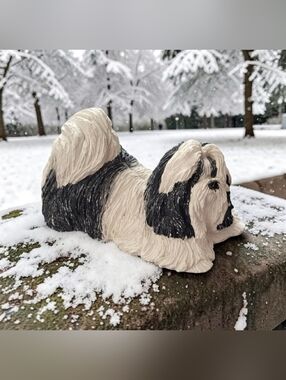 1995 Sandcast 3" Shih Tzu Black & White Dog Sculpture Figure Signed Sandra Brue